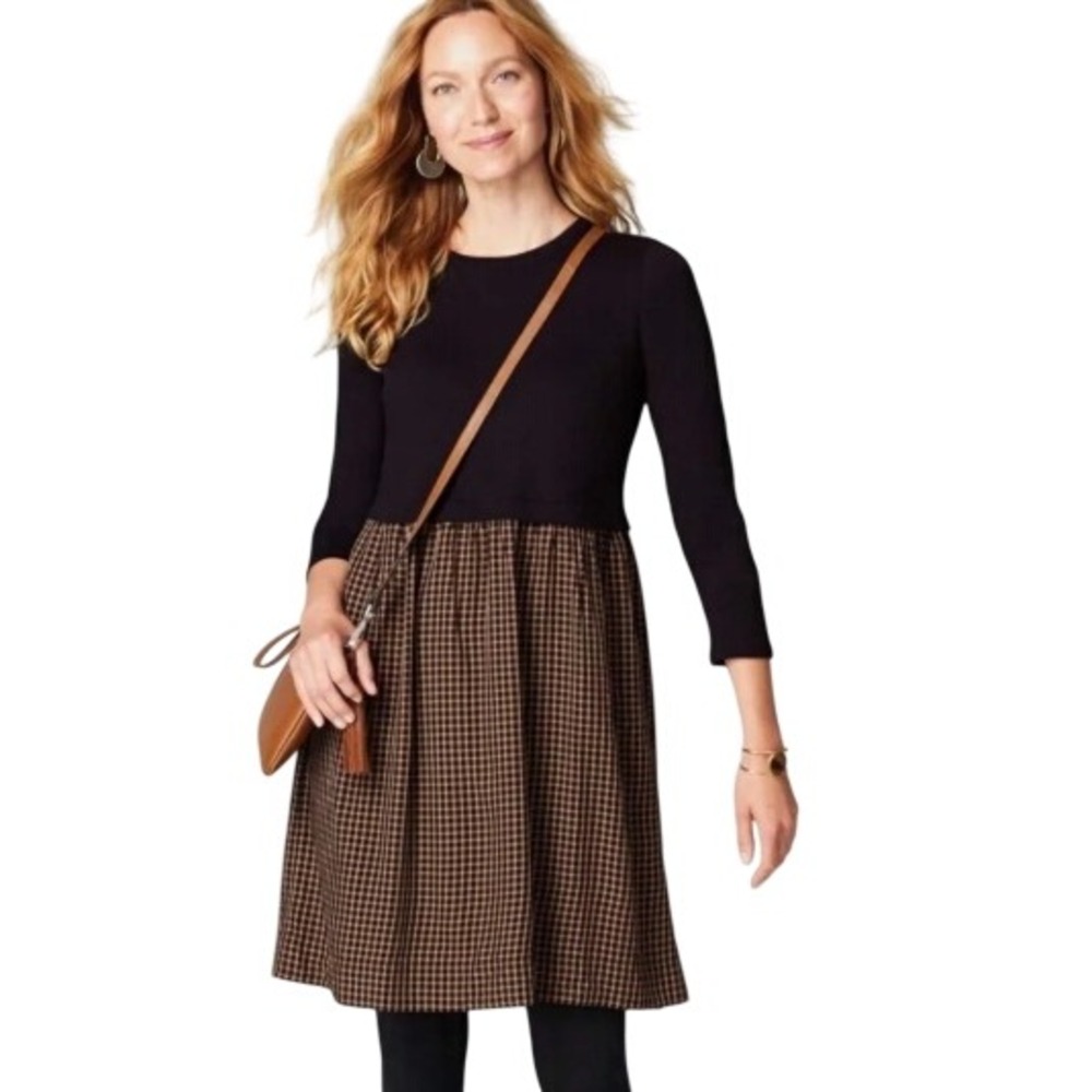 J.Jill Women Large Petite Mixed Media Plaid Long Sleeve Dress in Black/Camel NWT
